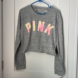 PINK Victoria's Secret Gray Cropped Long-Sleeve Top with Pastel Logo